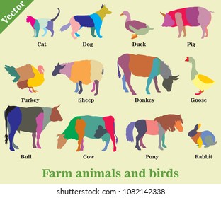 Set of vector colorful mosaic farm animals and birds ( Dog, Cat, Cow, Turkey, Donkey, Pig, Rabbit, Goose,  Sheep, Duck, Bull) silhouettes isolated on green background