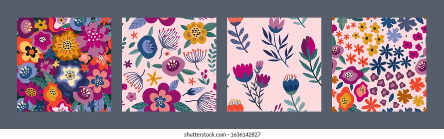 Set of vector colorful natural seamless patterns with flowers, leaves and plants.