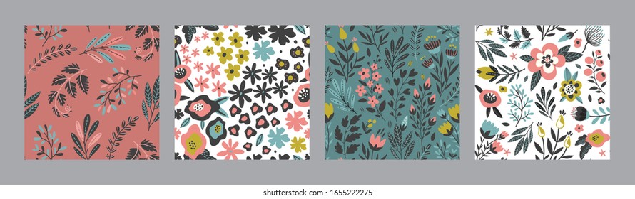 Set of vector colorful natural seamless patterns with flowers, leaves and plants.