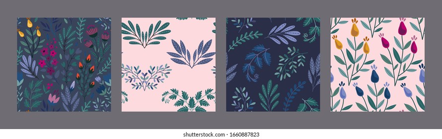Set of vector colorful natural seamless patterns with flowers, leaves and plants.