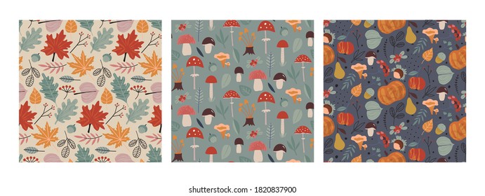 Set of vector colorful natural seamless patterns with flowers, fall leaves, pumpkins, mushrooms and plants. Beautiful autumn collection.