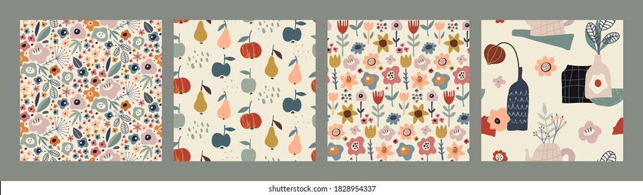 Set of vector colorful natural seamless patterns with flowers, fall leaves and fruits, pear and apple. Autumn collection.