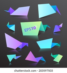 set of vector colorful origami bubbles isolated with shadows and reflections