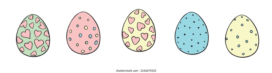 Set of vector colorful ornamental easter eggs with hearts, stains. Holiday illustrations, clip art in hand drawn doodle flat style for greeting cards, festive design