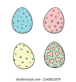 Set of vector colorful ornamental easter eggs with hearts, stains. Holiday illustrations, clip art in hand drawn doodle flat style for greeting cards, festive design