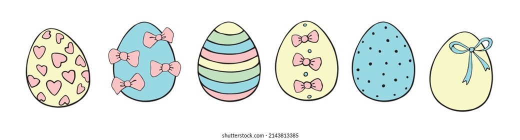 Juego de vectores coloridos huevos ornamentales de Pascua con corazones, manchas, arcos. Ilustraciones navideñas, imágenes prediseñadas con doodle dibujado a mano estilo plano para tarjetas de felicitación, diseño festivo