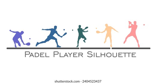 set vector colorful Padel paddle tennis player silhouette isolated background