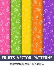 Set of vector colorful patterns with different fruits. Texture for wallpaper, fills, web page background. 