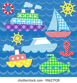 Set of vector colorful sea transport stickers