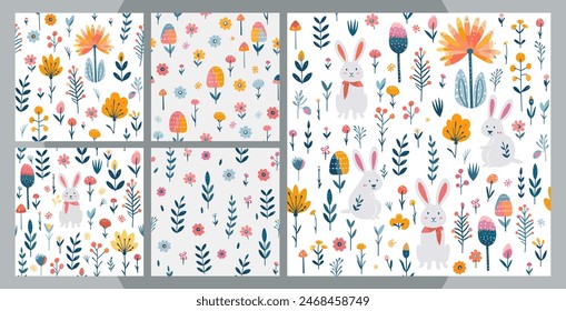 Set of vector colorful seamless abstract pattern with hand drawn flower, rabbit. Trendy cut out paper and plants texture for fabric, textile, wallpaper, apparel, wrapping