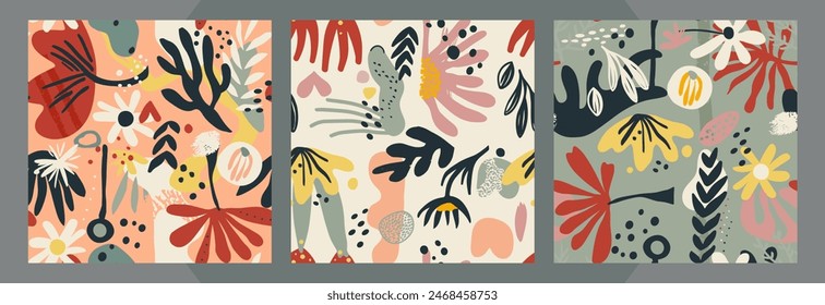 Set of vector colorful seamless abstract pattern with hand drawn flower. Trendy cut out paper and plants texture for fabric, textile, wallpaper, apparel, wrapping