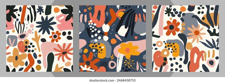 Set von Vektorgrafik bunte nahtlose abstrakte Muster mit handgezeichneter Blume. Trendy geschnittenes Papier und Pflanzen Textur für Stoff, Textil, Bildschirmhintergrund, Bekleidung, Verpackung