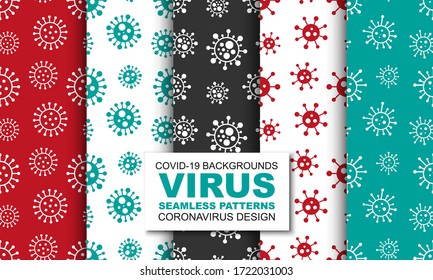 Set of vector colorful seamless art virus patterns. Black and white endless design. Abstract repeatable bacteria backgrounds. Coronavirus, ncov, covid-19 simple prints.