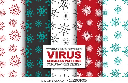 Conjunto de patrones de virus de arte sin fisuras vectoriales. Diseño interminable en blanco y negro. Antecedentes de bacterias repetibles abstractos. Coronavirus, ncov, covid-19 impresiones simples.