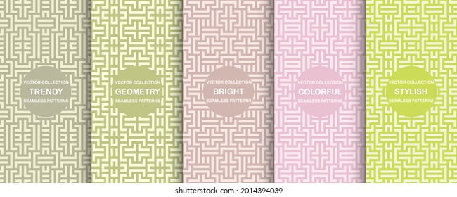 Set of  vector colorful seamless geometric patterns - striped delicate design. Vibrant creative backgrounds, endless trendy textures