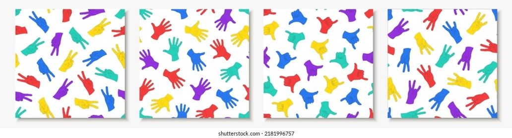 Set of vector colorful seamless hipster drawing patterns - fashion style 80 - 90s. Abstract trendy backgrounds with hands gestures. Bright endless prints. Hand drawn design