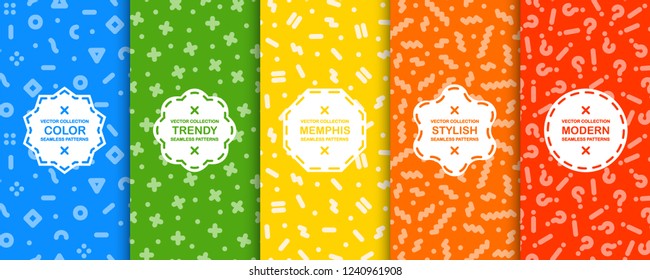 Set of vector colorful seamless memphis patterns. Bright trendy backgrounds. Retro fashion style - design 80-90s
