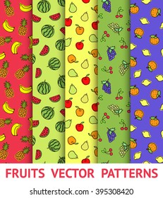 Set of vector colorful seamless patterns with different fruits. Texture for wallpaper, fills, web page background. 