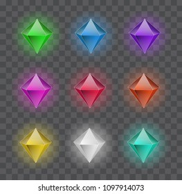 Set of vector colorful shining crystals isolated on transparent background