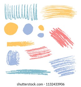 Set of vector colorful sketches. Textured scribbles and blots. Vector pencil doodles.