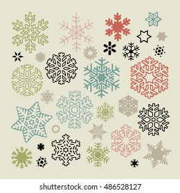 Set of vector colorful snowflakes icons on beige background. New Year and Christmas holidays design elements
