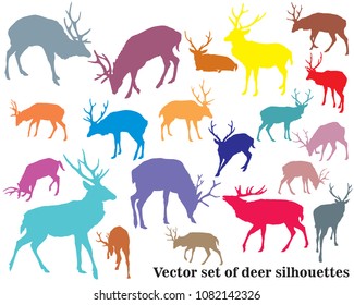 Set of vector colorful standing and lying male red deer silhouettes isolated on white background