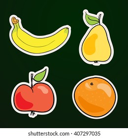 Set of vector colorful stickers with fruits in doodle style. Apple banana pear and orange for packaging design or web banner