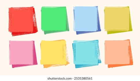 Conjunto de notas adhesivas de colores de Vector. Marcos de papel de borde áspero. Elementos cuadrados de collage de Antiguas. Páginas angustiadas del cuaderno en blanco. Cuadros de texto en estilo punk. Arte infantil y fondo pintado a mano