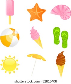 Set of vector colorful summer icon. Ice creams, starfish, shell, ball, flip-flop,sun and beach umbrella
