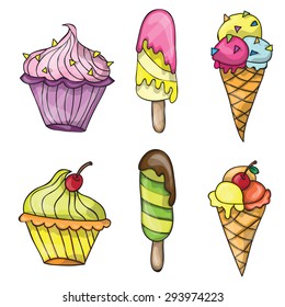 Set of vector colorful tasty isolated cartoon ice cream