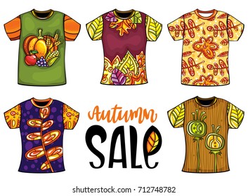 Conjunto de modelos vectoriales coloridos camisetas para hombres y mujeres con diseño otoñal. Hojas de otoño, arce y castaño, pájaros, animales.  Para imprentas, ventas estacionales de moda, centros comerciales