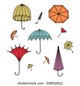 Set of vector colorful umbrellas in vintage style
