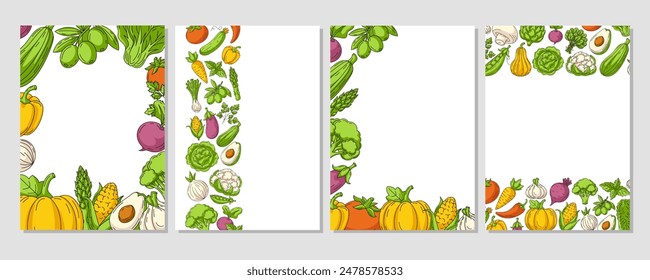 Conjunto de carteles de Vertical colorida de Vector a4, marco de borde diverso, iconos de verduras. Verduras de granja frescas y saludables. Espacio para texto, fondo aislado. Para Anuncio, menú, volante, cubierta, mercado de agricultores