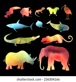 set of vector colorful watercolor animals on a black background