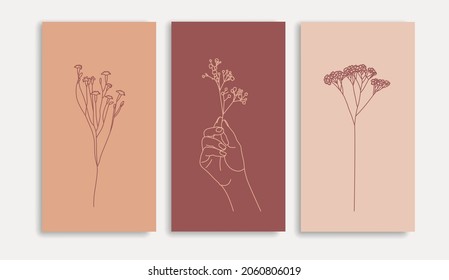 Conjunto de colores vectoriales para líneas de impresión. Afiche botánico. Arte de línea contemporáneo, contorno estético. Perfecto para la decoración casera, carteles en la pared. Manos y flora femeninas.