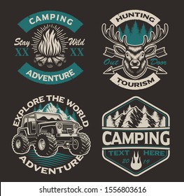 Set of vector coloured logos for the camping theme. Perfect for posters, apparel, T-shirt design and many other. Layered