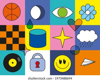 A set of vector colourful flat illustrations in cartoon childish style. Retro doodle of simple objects and icons. Psychedelic illustration for seamless pattern or wallpaper.