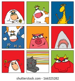 Set Of Vector Comic Creature Cow Cute Bull Rooster Nature Kid Chicken Group Fish Poultry Child Kids Pig Pile Cat Earth Fun Animals Baby Cattle Male Beef Scenery Youth Set Sheep Giraffe Shark Painting