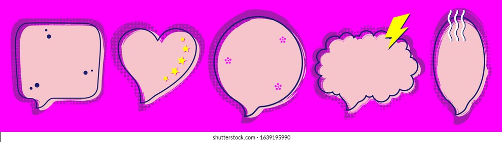 Set of vector comic manga speech bubbles with halftone shadows. Pop art style design template. Isolated clipart. Collection of isolated cartoon stickers