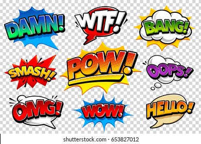 Set of vector comic speech bubbles on transparency background. Bright dynamic pop art design elements. Funny sound effects and expression words.