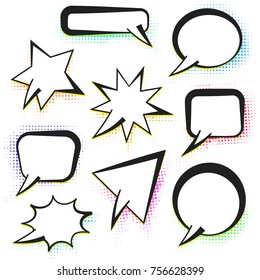 Set of vector comic speech bubbles with yellow and halftone shadows in pop art style, place for your message text. Black outline speech shapes for comics book, advertisement text, web design, badge