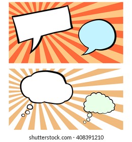 Set of vector comics bubbles on sunburst bacground