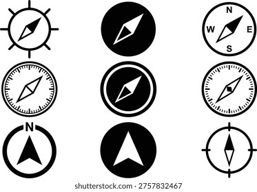 A set of vector compass icons in line art design for navigation and direction concepts
