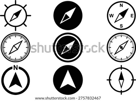A set of vector compass icons in line art design for navigation and direction concepts
