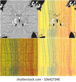 Set of vector compositions with black and white grids and butterflies on watercolor background