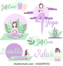 A set of vector compositions for design, stickers, labels, decoration. Relaxation, healthy lifestyle, self-care. A woman practices yoga and meditates, leaves, clouds, asanas.