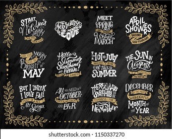 Set of vector compositions for every months, calendar, planner template. Hand drawn lettering quotes for calendar design, illustration