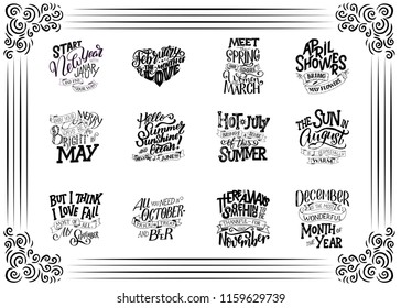 Set of vector compositions for every months, calendar template. Hand drawn lettering quotes for calendar design, illustration