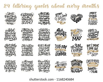 Set of vector compositions for every months, calendar, planner template. Hand drawn lettering quotes for calendar design, illustration