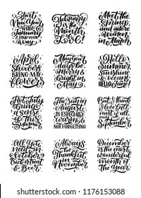 Set of vector compositions for every months, calendar, planner template. Hand drawn lettering quotes for calendar design, illustration